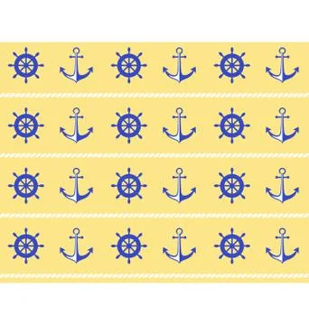 Seamless sea pattern. Blue wheel and stern anchor on yellow Stock Illustration