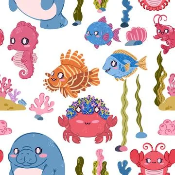 Seamless sea pattern. Cute kawaii flat illustrations of sea creatures and fis Stock Illustration
