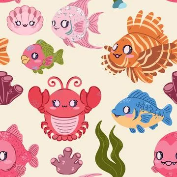Seamless sea pattern. Cute kawaii flat illustrations of sea creatures and fis Stock Illustration