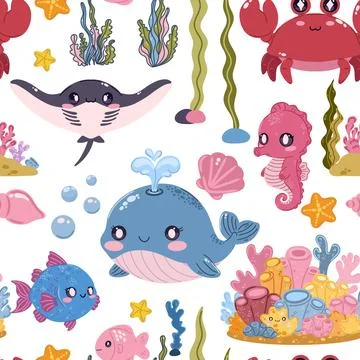 Seamless sea pattern. Cute kawaii flat illustrations of sea creatures and fis Stock Illustration