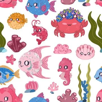 Seamless sea pattern. Cute kawaii flat illustrations of sea creatures and fis Stock Illustration