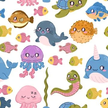 Seamless sea pattern. Cute kawaii flat illustrations of sea creatures and fis Stock Illustration