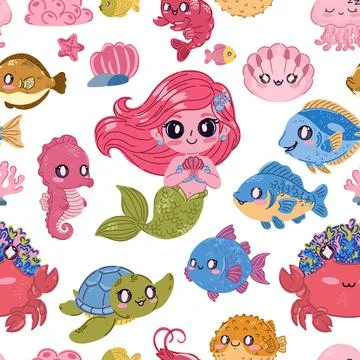 Seamless sea pattern. Cute kawaii flat illustrations of sea creatures and fis Stock Illustration