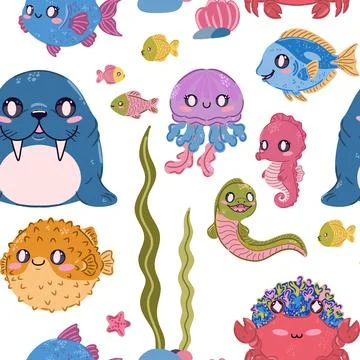 Seamless sea pattern. Cute kawaii flat illustrations of sea creatures and fis Stock Illustration
