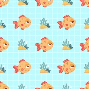 Seamless Sea Pattern. Cute tropical small fish and Plant algae on checkered.. Stock Illustration
