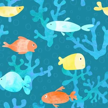 Seamless sea pattern with fish and corals. Vector illustration.Design for Stock Illustration
