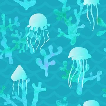 Seamless sea pattern with Jellyfish and corals. Vector illustration.Design for Illustrazione stock