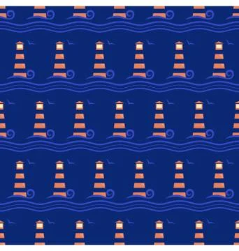 Seamless sea pattern. Lighthouse with light blue wave on blue Stock Illustration