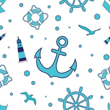Seamless sea pattern with a lighthouse, sailboat, steering wheel, anchor, wat Stock Illustration