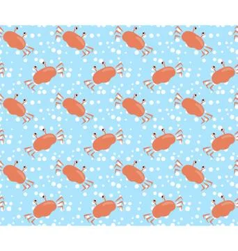 Seamless sea pattern. Orange crab and white bubbles on light blu Stock Illustration