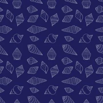 Seamless sea pattern. Outline white Shells on dark blue background. Underwa.. Stock Illustration