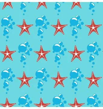 Seamless sea pattern. Red starfish and blue bubbles on blue Stock Illustration