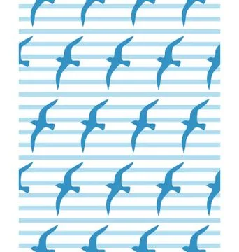 Seamless sea pattern with seagull and cyan waves on white Stock Illustration