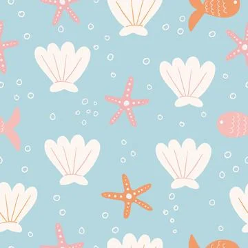 Seamless sea pattern with seashells, corals and starfish. Repeating background Stock Illustration