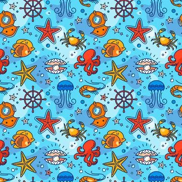Seamless sea pattern with steering wheel, crab, pearl, starfish, shrimp Stock Illustration