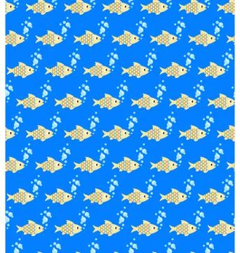 Seamless sea pattern. Yellow fish and light blue bubbles on blue Stock Illustration