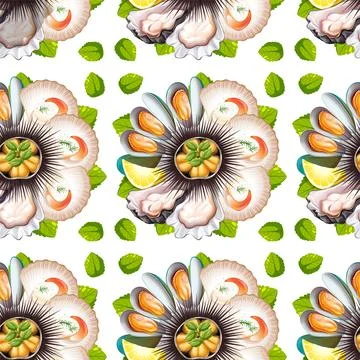Seamless Seafood and Leaf Pattern 스톡 일러스트