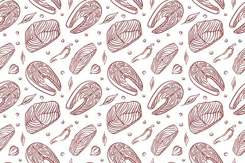 Seamless seafood pattern with line art fish salmon steak, chili pepper, garlic Illustrazione stock