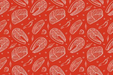 Seamless seafood pattern with line art fish salmon steak, chili pepper, garlic Stock Illustration