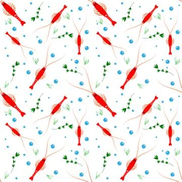 Seamless seafood pattern with shrimp. River lobster, langoustine or crustacean Illustrazione stock