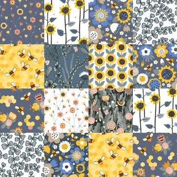 Seamless seamless patchwork quilt with summer flowers, honey bees, and sunflo Illustration