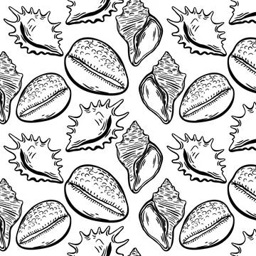 Seamless seashell engraving pattern in black ink Illustrazione stock