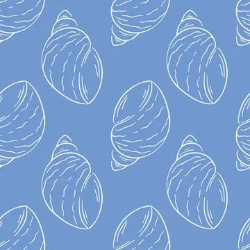 Seamless seashell line art pattern on a blue background. Elegant nautical design Illustrazione stock
