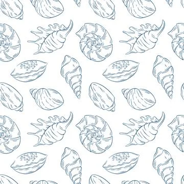 Seamless seashell pattern in blue line art style. Various ocean shell type Illustrazione stock