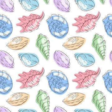 Seamless seashell pattern in flat style. Hand drawn summer sea themed design for Illustrazione stock