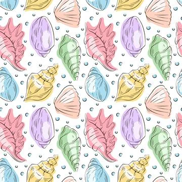 Seamless seashell pattern with shells and water bubbles in flat style. Summer Illustrazione stock