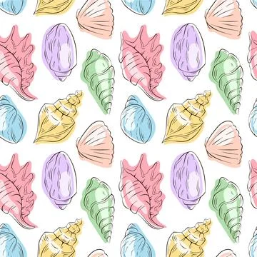 Seamless seashell pattern with shells in flat style. Hand drawn summer sea Illustrazione stock
