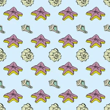 Seamless seashells and starfishes pattern Stock Illustration