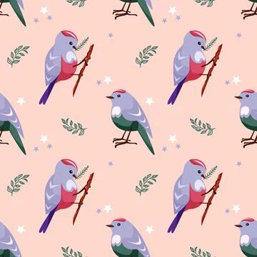 Seamless seasonal pattern with small birds Stock Illustration