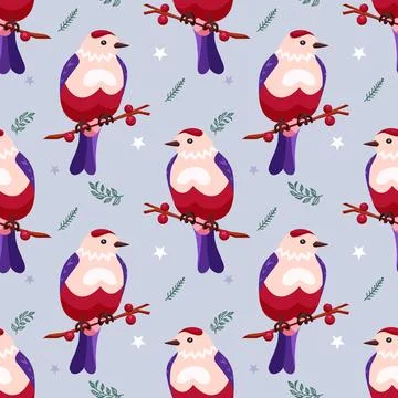 Seamless seasonal pattern with small birds Stock Illustration