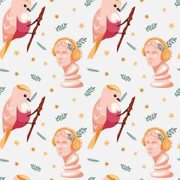 Seamless seasonal pattern with small birds Stock Illustration