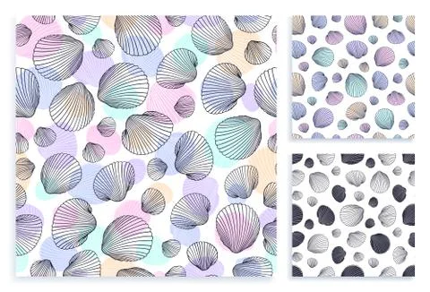 Seamless set pattern. Vector Illustration of hand drawn seashells in doodle s Stock Illustration
