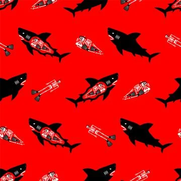 Seamless shark pattern with skeleton inside. Vector design for textile, wal.. Stock Illustration