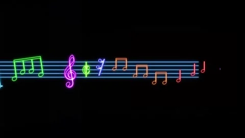 Seamless sheet music notes on blue lines and black background. Playing music Stock Footage 255567908
