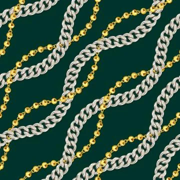 Seamless silver and gold chains pattern. Repeat design. Curved waves, chains, DN Stock Illustration