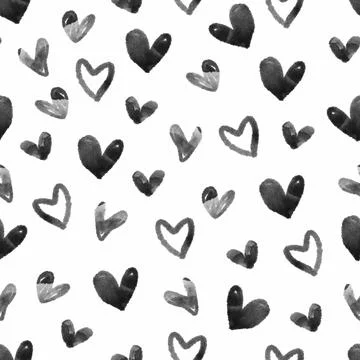 Seamless simple black heart shape from watercolour  pattern on white backgrou Illustrazione stock