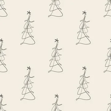 Seamless simple christmas pattern background with hand draw line art pine tre Stock Illustration