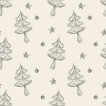 Seamless simple christmas pattern background with hand draw sketch pine tree Stock Illustration