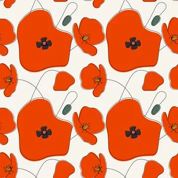 Seamless simple cute hand drawn pattern of large red poppies Stock Illustration
