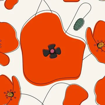 Seamless simple cute hand drawn pattern of large red poppies Illustrazione stock