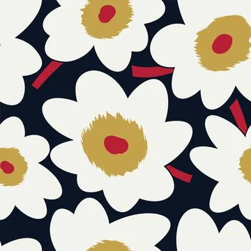 Seamless simple cute pattern of large white flowers on navy background Stock Illustration