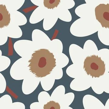 Seamless simple cute pattern of large white flowers on navy background Stock Illustration