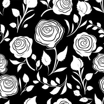 Seamless simple floral pattern black and white with roses, texture, design Stock Illustration