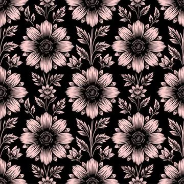 Seamless simple floral pattern with pink and black flowers, texture, design 스톡 일러스트