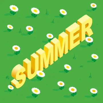 Seamless simple flowers patterns. Word Summer written in the isometric view. Stock Illustration
