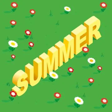 Seamless simple flowers patterns. Word Summer written in the isometric view. Stock Illustration